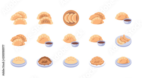 A collection of stylized flat illustrations featuring dumplings served in various ways, some with dipping sauce, ideal for culinary or cultural themes.