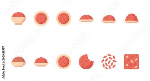 Flat design icons of various food preparations including meatballs, rice, and vegetables in bowls and on plates, perfect for culinary graphics.