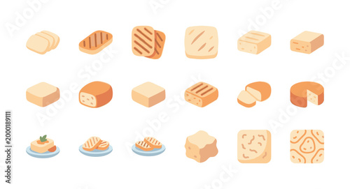 A collection of isometric icons depicting various types of tofu and cheese in different shapes and preparations, offering a modern and stylized representation of food ingredients.