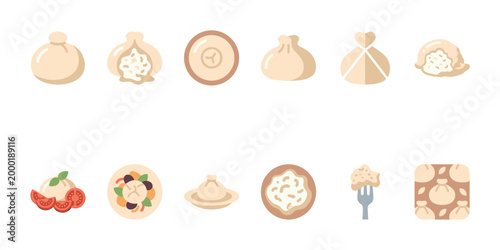 A flat design vector illustration featuring a collection of stylized dumplings and related food items, perfect for menus, recipes, or culinary themes.