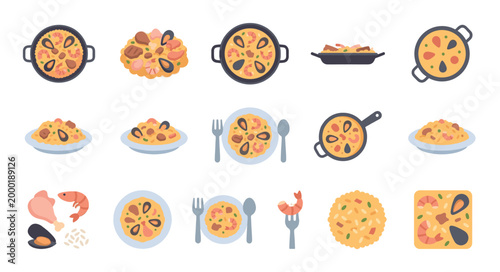 A vibrant collection of flat illustration icons depicting Spanish paella dishes, ingredients, and servingware in a clean, modern style perfect for culinary themes.