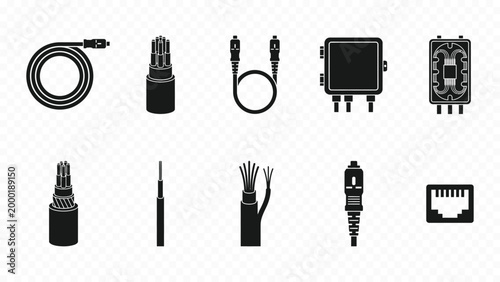 Solid black icon set of electronic port connectors and usb cables for computer tech device plugs