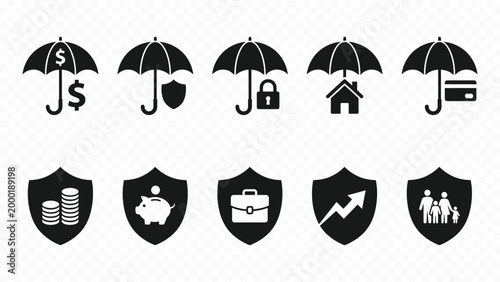 Solid black icon set of insurance protection shield and umbrella over money house for risk management