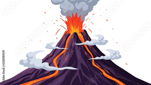 Powerful volcanic eruption with hot lava flowing down the mountain sides and thick smoke rising high into the sky.