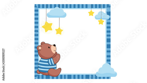 Baby room decoration frame with a cute teddy bear sitting below hanging yellow stars and soft blue floating clouds.
