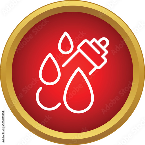 Dropper bottle outline icon releasing liquid drops, set within a red and gold circle