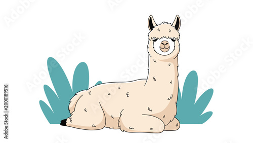 Fluffy cream colored alpaca lies down comfortably on the ground with simple green foliage in the background of this cute animal illustration.