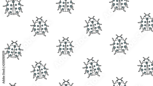 Seamless pattern of cute grey ladybugs with black spots is arranged on a white background for use as a decorative fabric or wallpaper design.