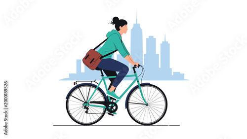 Young woman with a messenger bag rides a green bicycle past a blue city skyline silhouette during her daily commute to work or school.