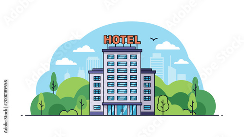 Modern hotel building stands in a beautiful park with green trees and hills under a blue sky with soft white clouds and a city silhouette.
