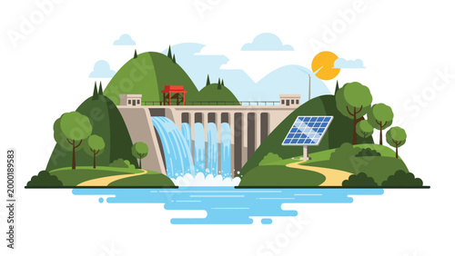 Sustainable energy landscape features a hydroelectric dam with flowing water, solar panels, and green hills under a bright yellow sun.