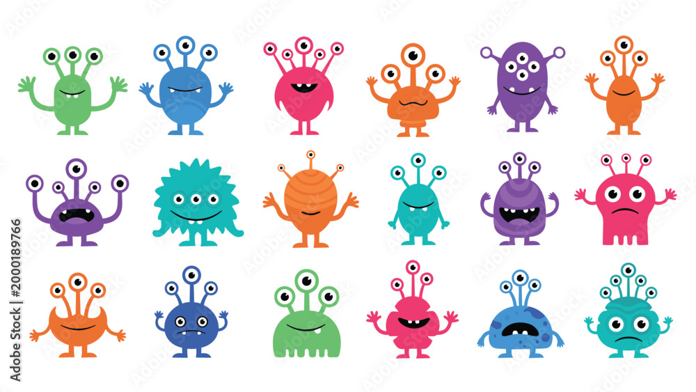 Obraz premium Collection of cute and colorful cartoon aliens and monsters with different numbers of eyes and shapes is shown on a white background.