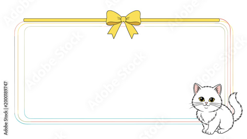 Adorable white kitten sits in the corner of a blank rectangular frame decorated with a yellow ribbon and bow for a custom message or card.