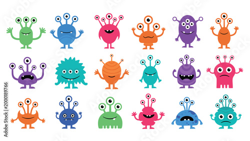 Collection of cute and colorful cartoon aliens and monsters with different numbers of eyes and shapes is shown on a white background.