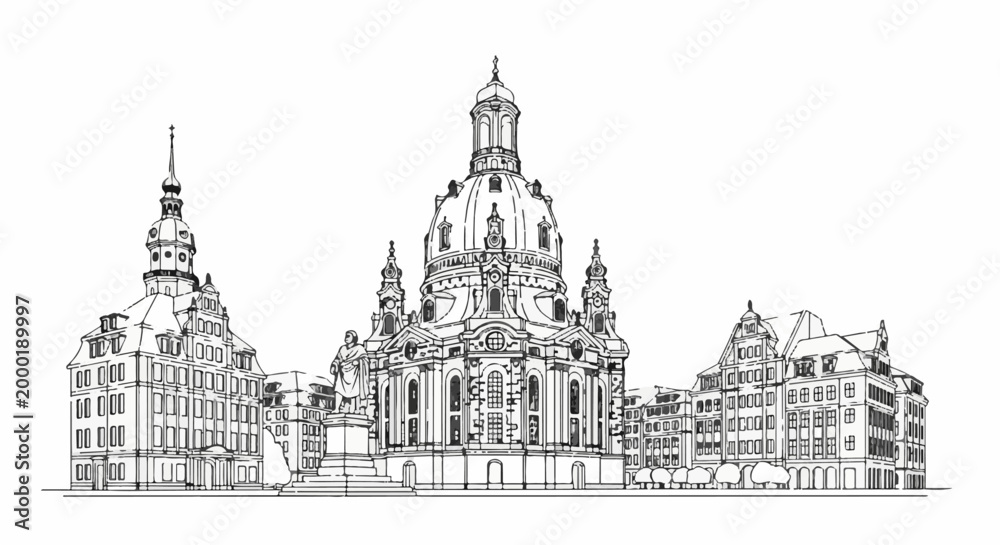 Fototapeta premium Elaborate architectural drawing of a grand dome and surrounding historic buildings
