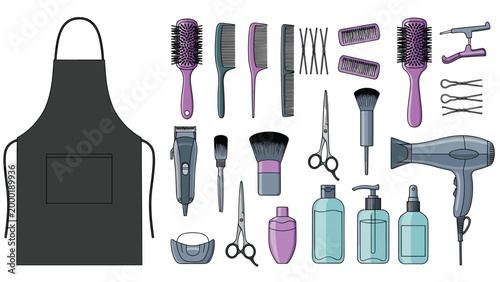 Large collection of hairdressing professional tools including combs, brushes, scissors, dryer, and an apron for a hair salon.