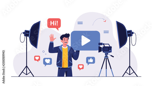 Young man creating video content in a professional studio with lights, camera, and social media reaction icons around him.