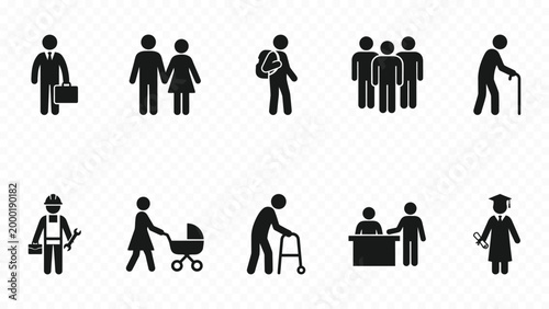 Solid black icon set of society demographics people family and elderly generation for human population