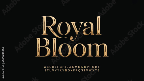 Elegant golden typography featuring the words royal bloom and a sample alphabet