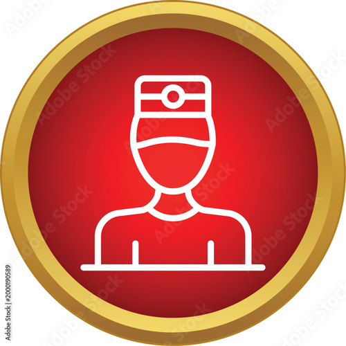 Bellhop or hotel porter wearing uniform, hat, and face mask in a red circle