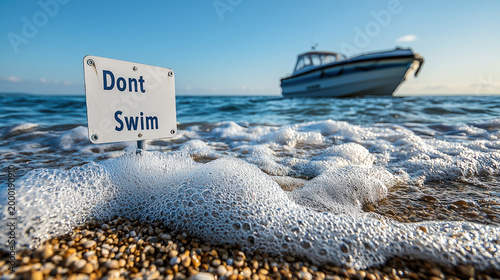 Text "Dont Swim" on a warni...
