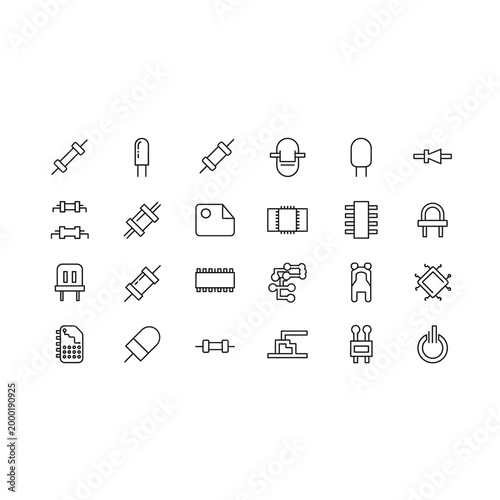 Set of various electronic component icons and symbols with electronics, resistor