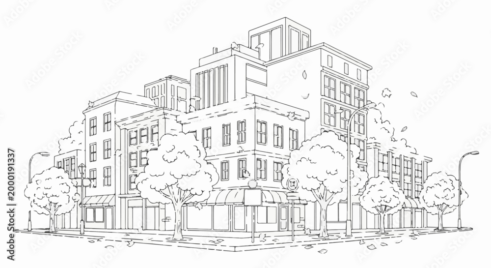 Obraz premium A line drawing of a city street with buildings, trees, and fallen leaves