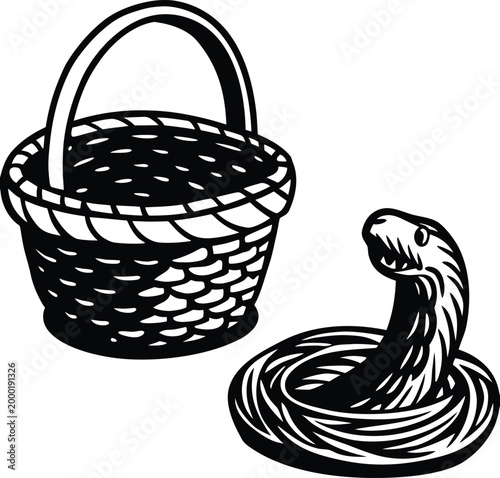 Snake emerging from woven basket next to coiled rope on plain surface