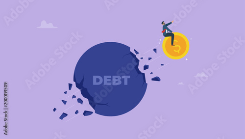 Businessman riding coin breaking free from a debt ball. Financial freedom, debt settlement, overcoming debt, and achieving success concept.