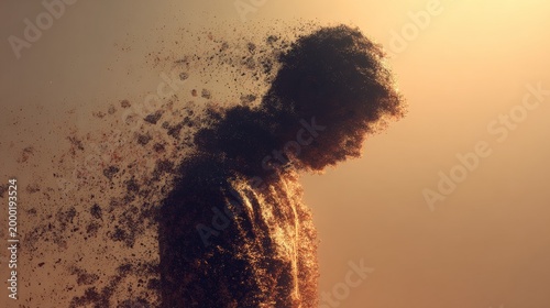 Conceptual illustration of burnout showing a human figure dissolving into particles, symbolizing emotional exhaustion, stress, and mental fatigue in a minimal modern composition.