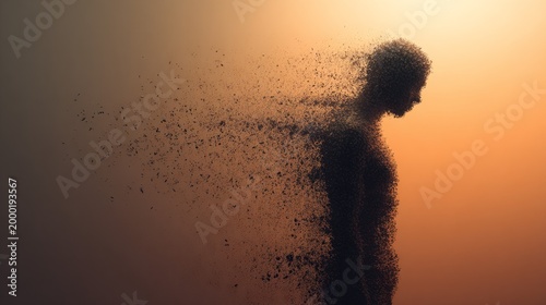 A human figure dissolving into particles, conceptual illustration of burnout, symbolizing emotional exhaustion, stress mental fatigue in minimal modern composition psychology background copy space