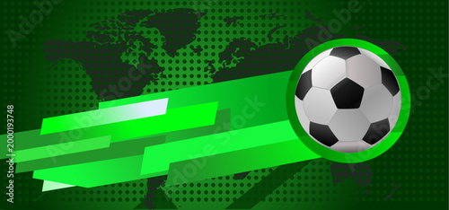 Soccer ball on green global map background with halftone pattern, vector illustration