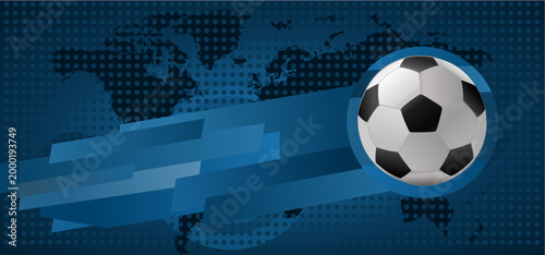 Soccer ball on blue global map background with halftone pattern, vector illustration