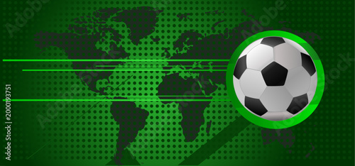 Soccer ball on green global map background with halftone pattern, vector illustration