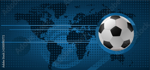 Soccer ball on blue global map background with halftone pattern, vector illustration