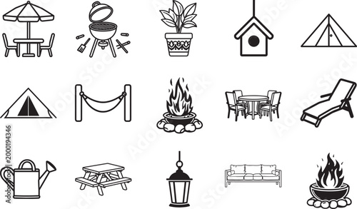 Outdoor leisure essentials, illustrated in monochrome, perfect for a recreational scene, evoking themes of relaxation and outdoor enjoyment.