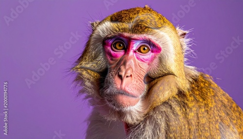 Close-up portrait of a colorful macaque monkey on a solid purple background