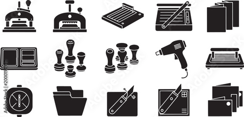 Collection of black office and craft tools and supplies office supplies black and white stationery