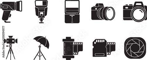 Collection of black silhouette equipment and accessories camera flash tripod