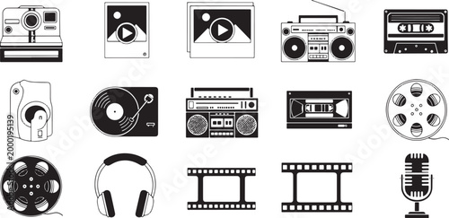 Collection of vintage audio and recording playback devices and media instant camera polaroid camera print
