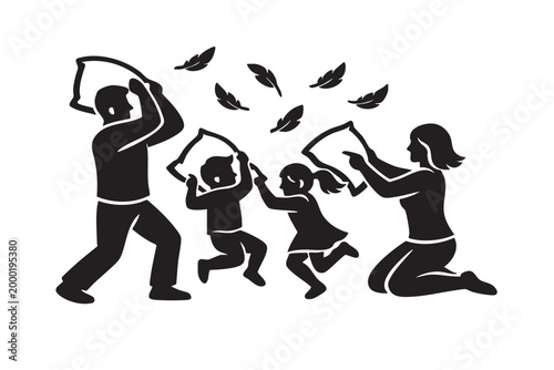 Happy family having fun pillow fight at home vector illustration