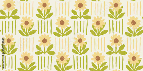Hand Drawn Pastel Sunflower Seamless Pattern, Yellow Floral and Green Vertical Lines Background for Spring Summer Design