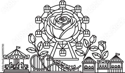 Amusement park rides and rose flower line fairground carnival Ferris wheel