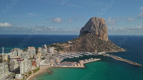Calpe skyline with Penon de Ifach rock and marina aerial view, Costa Blanca Spain