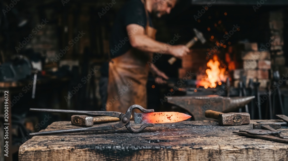 Fototapeta premium Blacksmith forging glowing blade on anvil in workshop