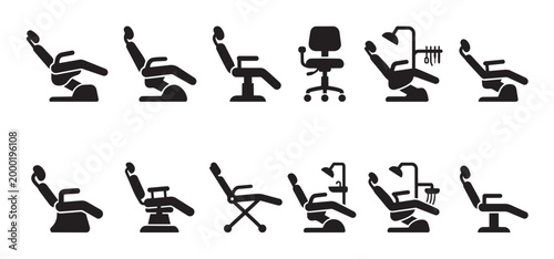 A collection of black silhouette icons depicting various dental chairs and a dentist stool in different positions and styles against a clean white background.