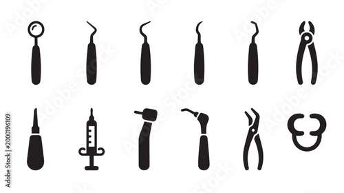 A collection of black silhouette icons representing various dental instruments including a mirror, scaler, syringe, drill, and forceps on a white background.