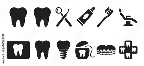 A collection of black vector icons representing dental care, including teeth, toothbrush, toothpaste, floss, dental tools, implant, braces, and a dental chair.
