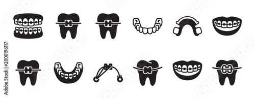 Collection of black and white vector icons representing various dental orthodontic treatments including teeth, braces, and mouthguards, ideal for healthcare and medical concepts.