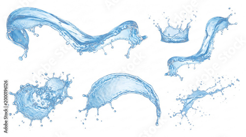 Dynamic blue water splashes and drops captured in various shapes, isolated on a transparent background.